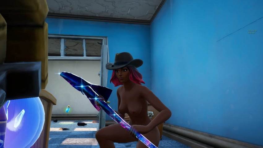 breasts calamity_(fortnite) completely_nude completely_nude_female cowboy_hat crouching dark-skinned_female dark_skin female female_only fortnite game_mod game_screenshot hat hat_only holding_weapon mod multicolored_hair nude nude_female room screenshot slurp_(fortnite) solo solo_female straight_face