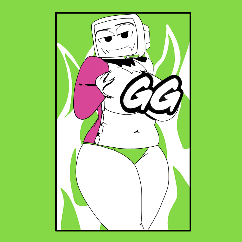 artstyle_imitation breasts censored chunky covered_nipples female_focus female_only fire gamersupps green_background pyrocynical pyrocynical_tvhead_oc pyxill tagme