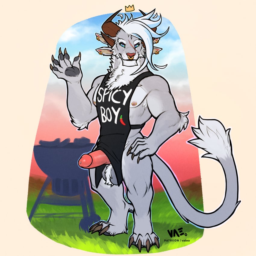 1:1 2023 4_ears 4_horns 4_toes 5_fingers anthro apron apron_only arm_tuft ball_tuft balls biped black_apron black_pawpads blue_eyes brown_horn charr claws clothed clothing countershade_fur countershade_torso countershading dewclaw digital_media_(artwork) digitigrade ear_piercing ear_ring elbow_tuft erection erection_under_apron erection_under_clothing facial_piercing facial_scar feet felid finger_claws fingers full-length_portrait fur genitals glans grey_balls grey_body grey_fur grill guild_wars hair hand_on_hip hand_on_own_hip hi_res horn humanoid_genitalia humanoid_penis looking_at_viewer male mammal multi_ear multi_horn nose_piercing nose_ring outside pawpads paws penis piercing pink_nose portrait ring_piercing scar solo solo_male tail tail_tuft toe_claws toes tuft vateo white_body white_fur white_hair