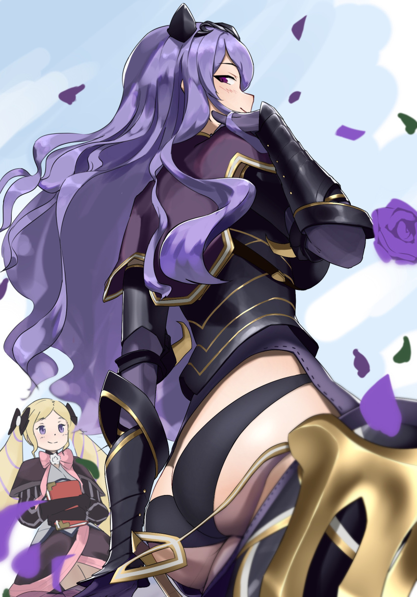 2girls armor ass ass_focus black_armor black_panties blonde_hair boots breasts camilla_(fire_emblem) commentary elise_(fire_emblem) female female_only fire_emblem fire_emblem_fates hair_over_one_eye highres long_hair monoi_daru multicolored_hair multiple_girls nintendo panties purple_eyes purple_hair siblings sisters smile thigh_boots tiara twintails underwear very_long_hair wavy_hair