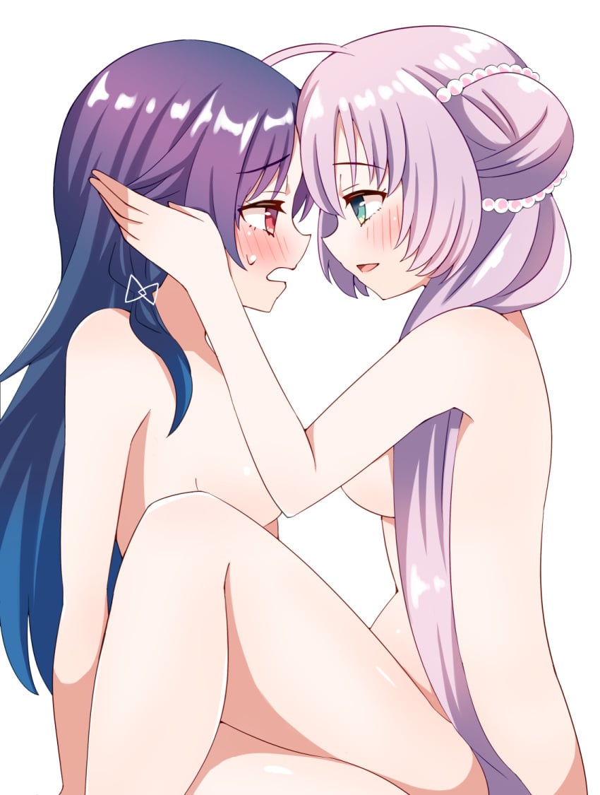 2girls akeuchi_yuu blue_hair blush breasts green_eyes hoshikuzu_telepath konohoshi_umika large_breasts long_hair looking_at_another nude open_mouth pink_hair red_eyes sakatsu_m simple_background smile white_background yuri