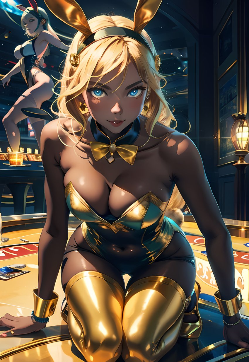 ai_generated blonde_hair blue_eyes breast_squish bunny_ears bunny_ears_headband bunny_girl bunny_tail bunnygirl bunnysuit card_table classy club dancer dark_skin glossy_lips gold_bracelet gold_bunny_(floppyudon95) gold_bunnysuit gold_high_heels gold_leotard gold_stockings gold_thighhighs hands_on_table high_heels kneeling kneeling_on_table lantern latex_thighhighs leotard long_hair neck_ring original person_in_background smile smiling smiling_at_viewer strapless_leotard table wavy_hair yellow_bowtie