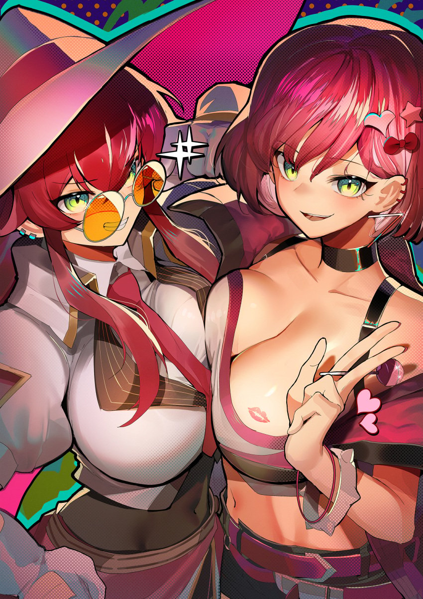 1girls 2girls big_breasts choker cleavage duel_monster female glasses green_eyes ki-sikil_(yu-gi-oh!) kiss_mark live_twin_ki-sikil multiple_girls peace_sign pink_hair red_hair ro_g_(oowack) round_glasses tagme v v_sign witch_hat yugioh