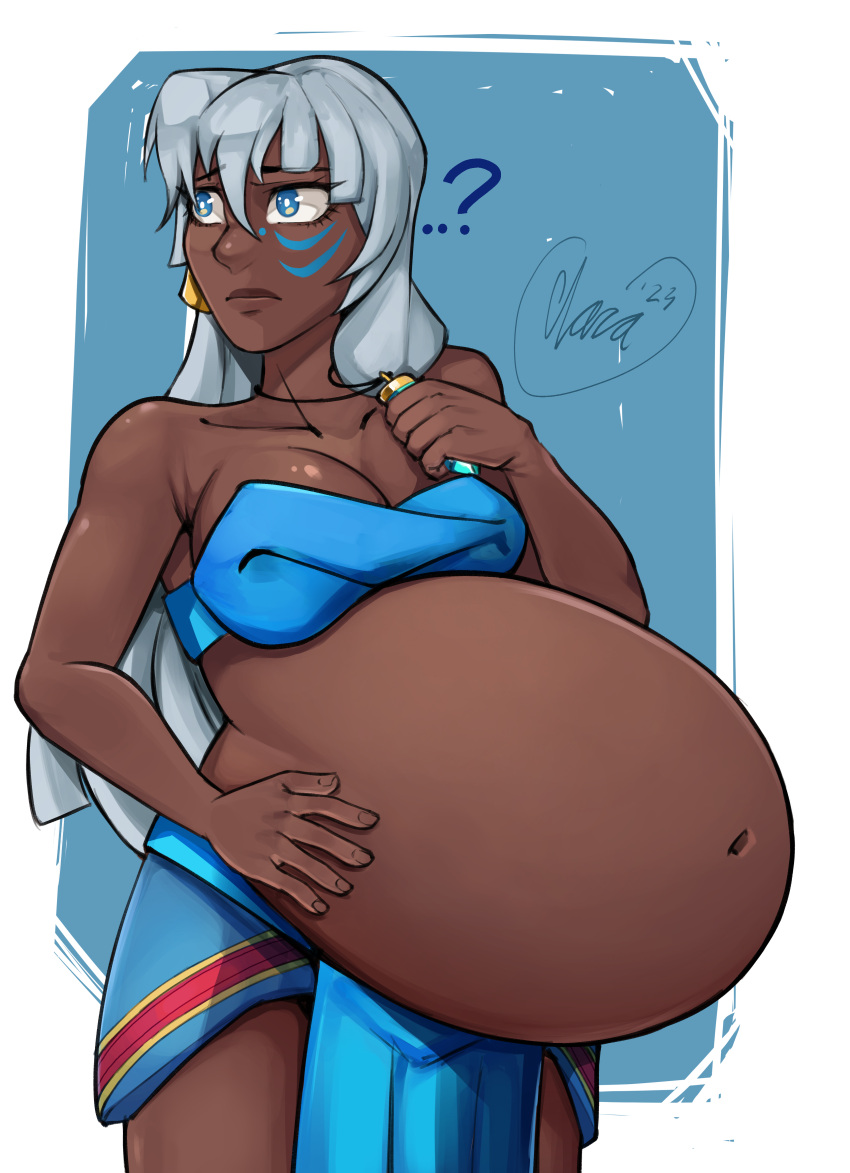 1girls atlantis:_the_lost_empire belly big_belly big_breasts blue_eyes breasts claraspregs cleavage dark-skinned_female dark_skin disney disproportional female hyper_belly hyper_pregnancy kida pregnant ready_to_pop solo white_hair