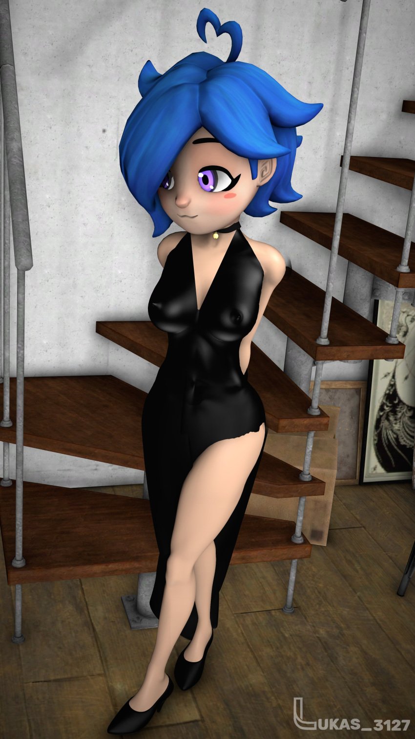 3d 3d_(artwork) :3 black_dress blue_eyes blue_hair cat_bell cocktail_dress erect_nipples female female_only lukas_3127 smg4 tari_(smg4)