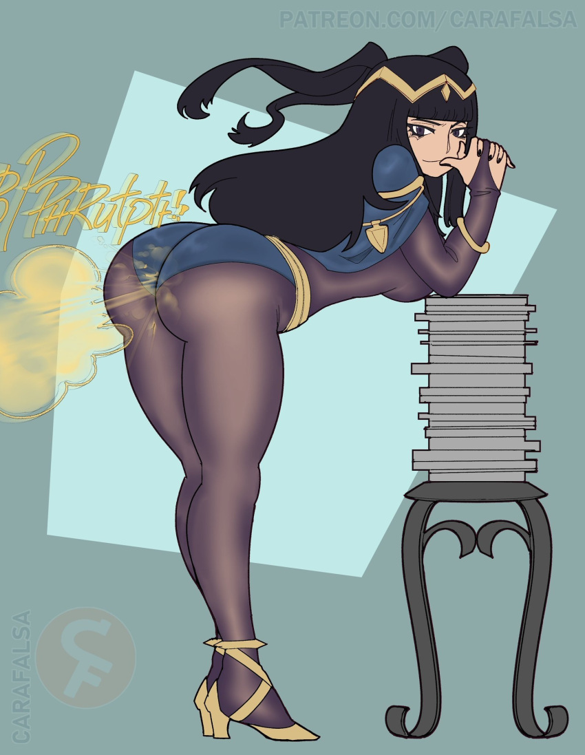 1girls ass bent_over big_ass bodystocking carafalsa fart fart_cloud fart_fetish farting female female_only fire_emblem fire_emblem_awakening high_heels solo tharja_(fire_emblem)