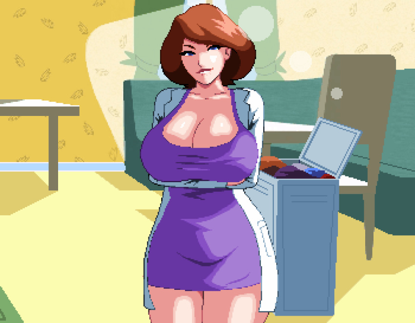 1girls alternate_version_available animated ann_possible big_breasts biting_lip blue_eyes bouncing_breasts breast_focus breasts brown_hair cleavage clothing disney disney_channel dress female female_only hair huge_breasts kim_possible lab_coat labcoat looking_at_viewer mature mature_female mature_woman milf mother neophite-byte pixel_art purple_dress short_hair solo solo_female