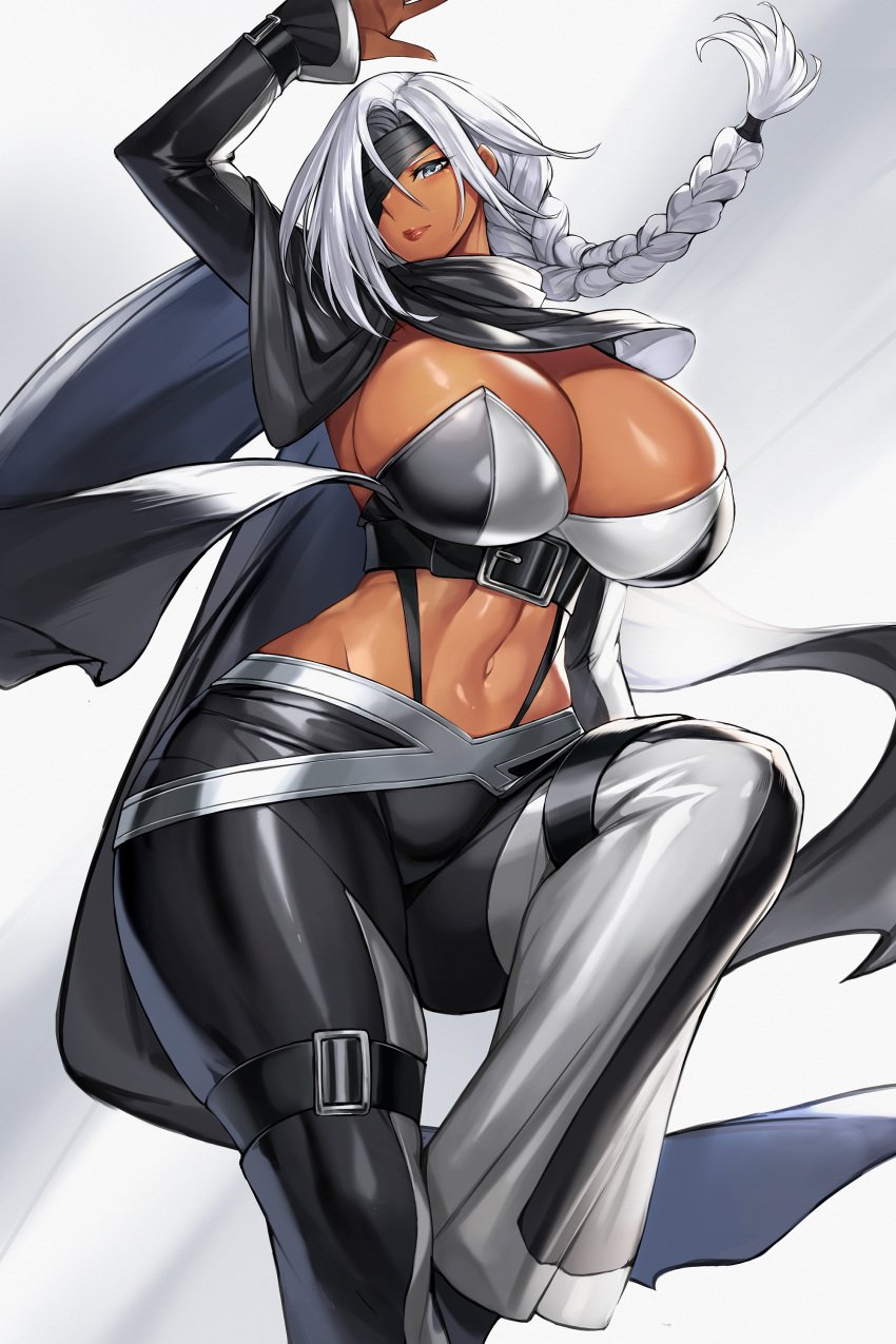 breasts cleavage commission dark-skinned_female dark_skin gurimjang hi_res huge_breasts long_hair navel one_eye_covered original ponytail silver_eyes silver_hair thick_thighs wide_hips