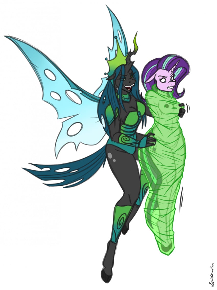 2girls anthro blue_hair bondage bound breasts changeling crown dominant dominant_female duo equine fangs female femdom femsub friendship_is_magic grey_body grey_skin hasbro hooves horn long_hair my_little_pony pink_body pink_skin purple_hair queen_chrysalis_(mlp) simple_background smile spiderweber starlight_glimmer submissive submissive_female tail unicorn white_background wings yuri