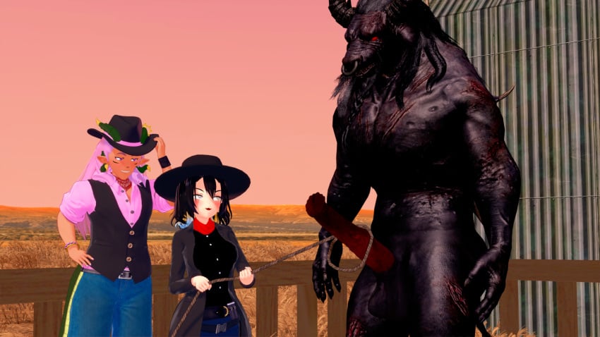 1girls 2boys cowboy_hat female horns koikatsu male minotaur renhentai roen_the_world rope_around_penis shinect_(callie_forniya) virtual_youtuber vtuber