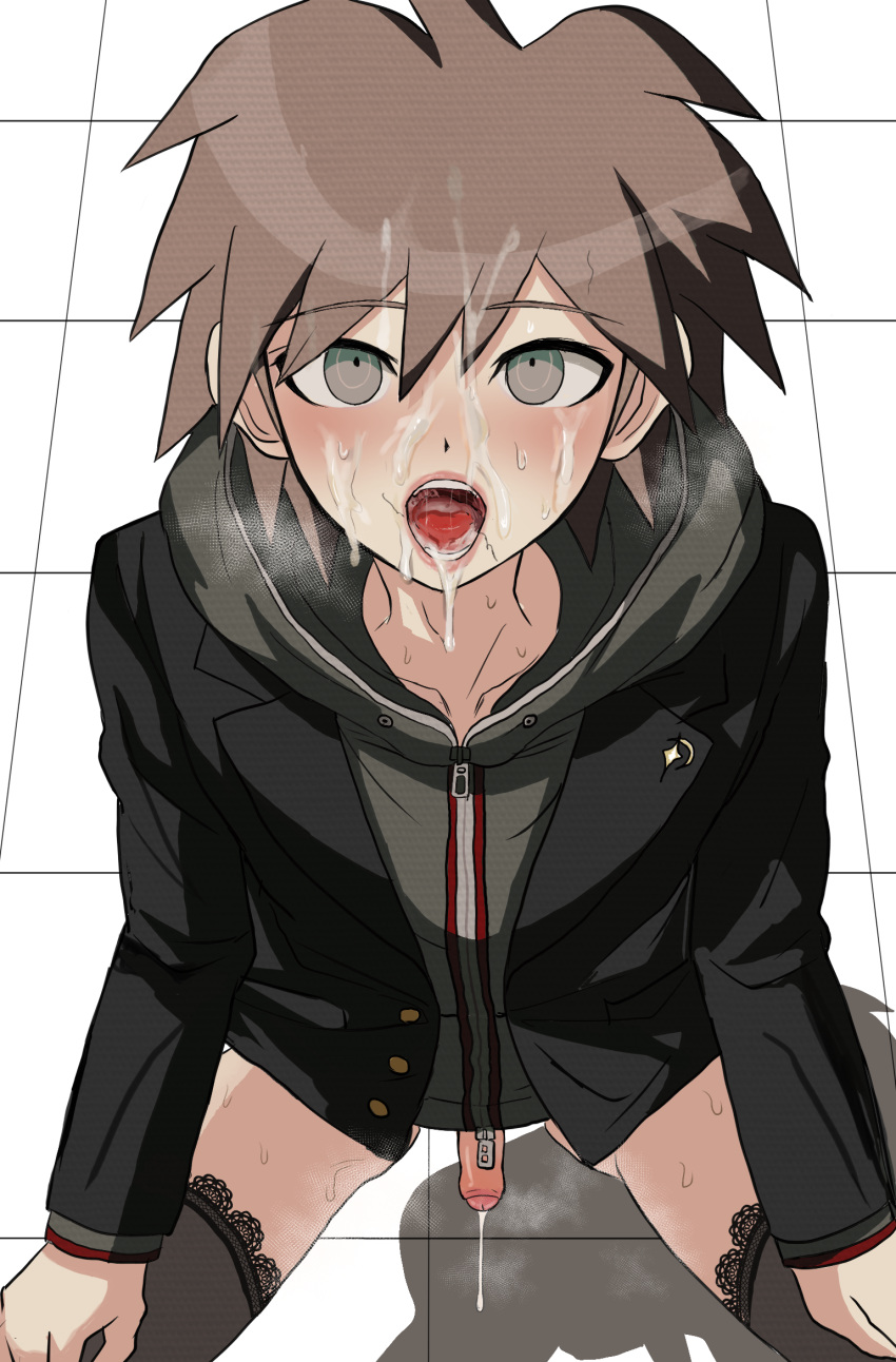 1boy after_fellatio blush brown_hair bukkake cum cum_in_mouth cum_on_face cum_taste danganronpa facial male male_only naegi_makoto open_mouth penis pre_cum precum pubes pubes_on_face solo sweat tongue