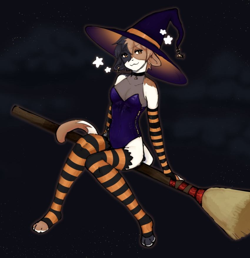 :3 anthro arm_stockings calico_cat cat_ears cat_tail choker citrustown clothed clothing ear_piercing fortnite furry furry_only looking_at_viewer meow_skulls_(fortnite) skimpy_clothes stockings tagme witch witch_costume witch_hat