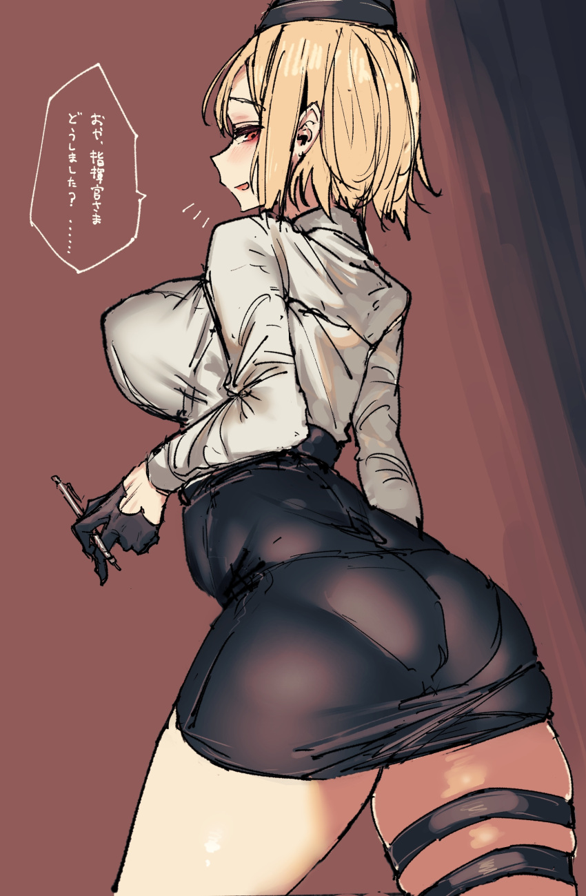 absurdres akitaka_takaaki ass blonde_hair breasts colored_eyelashes female girls'_frontline hat highres hip_focus huge_ass looking_at_viewer looking_back medium_breasts mp40_(girls'_frontline) open_mouth pen plump shirt short_hair smile solo translated