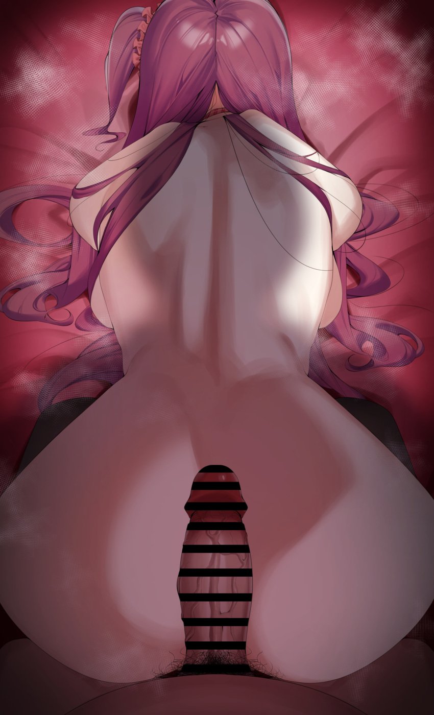 1boy absurdres akabane_youko all_fours ass back backboob bar_censor black_thighhighs breasts censored erection female highres long_hair male_pubic_hair nijisanji penis pov pubic_hair purple_hair side_ponytail so_dasui1 thighhighs virtual_youtuber