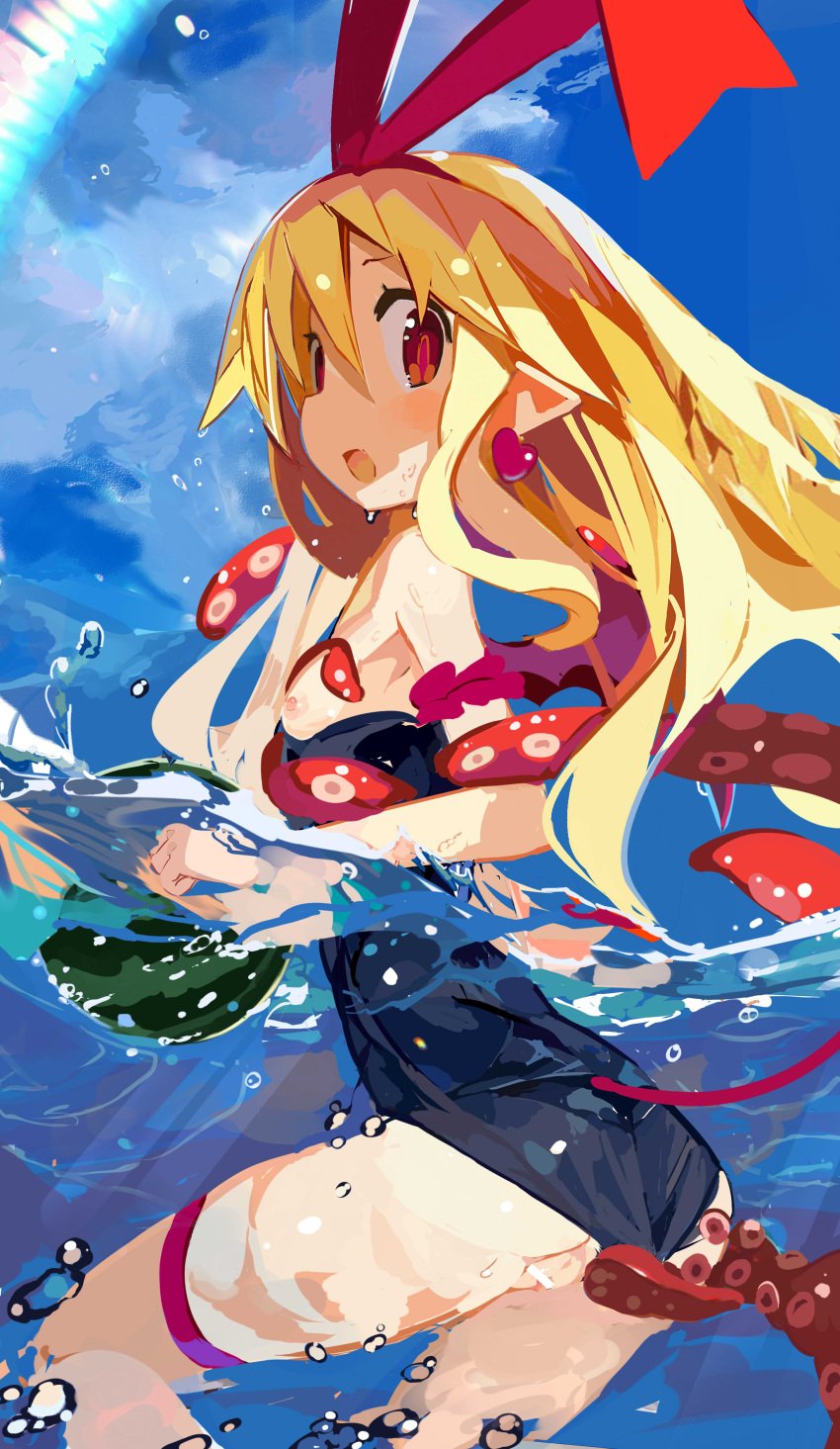 assisted_exposure blush breasts disgaea disgaea_1 exposed_breast exposed_pussy flonne flonne_(fallen_angel) miyakawa106 nippon_ichi_software octopus one-piece_swimsuit small_breasts stripped_by_tentacles swimsuit swimsuit_aside swimsuit_down tentacle tentacle_around_arm tentacle_around_breast