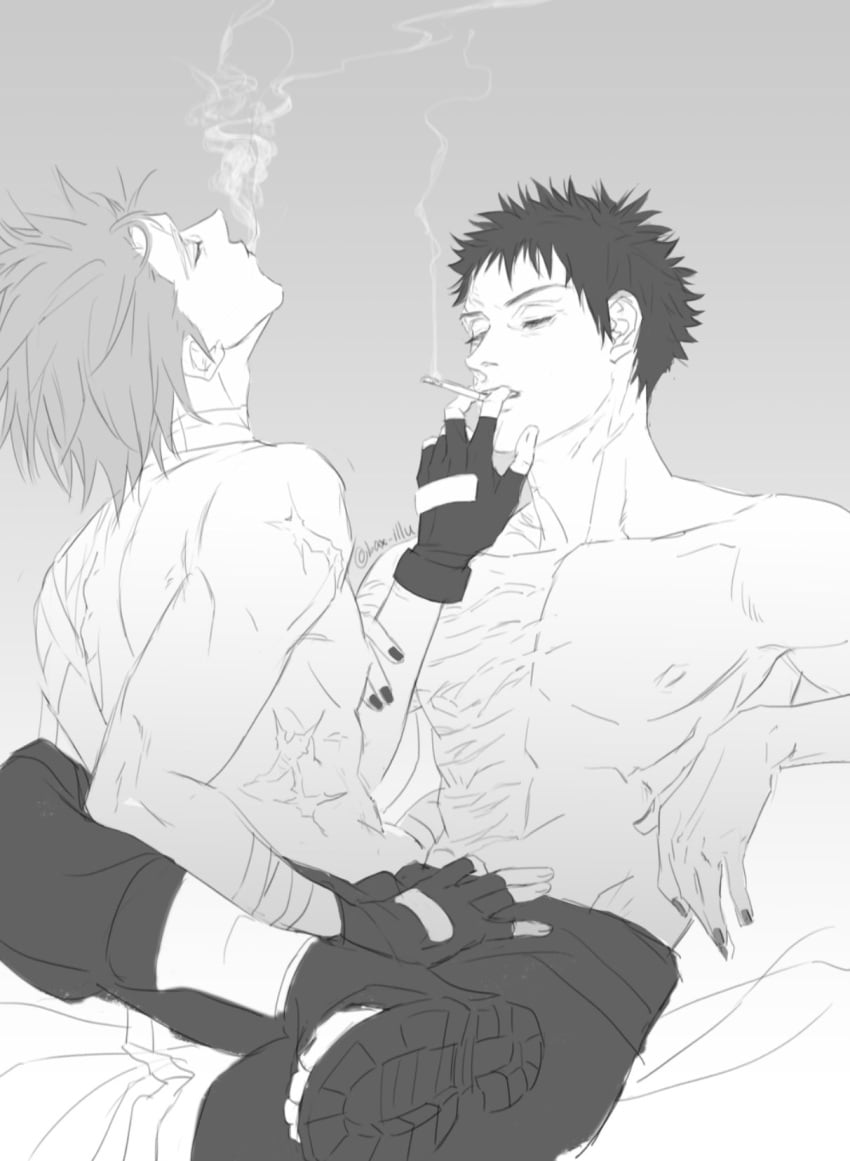 2boys cigarette closed_eyes fingerless_gloves gloves hatake_kakashi highres kakashi_hatake male_focus monochrome multiple_boys nail_polish naruto naruto_(series) naruto_shippuuden nipples pants sandals scar short_hair siinnk sitting smoke smoking toned toned_male topless uchiha_obito yaoi