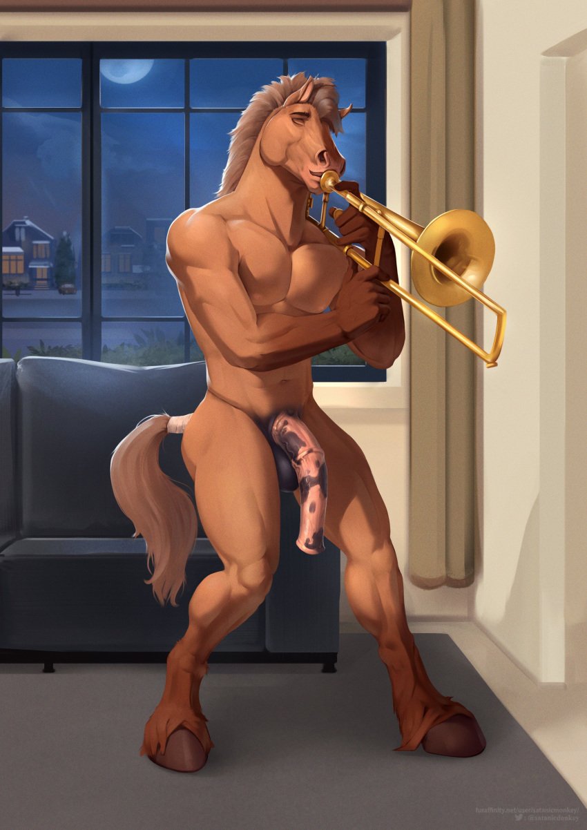 absurd_res animal_genitalia animal_penis anthro balls brass_instrument equid equine equine_genitalia equine_penis genitals hi_res hooves horse male mammal musical_instrument pecs penis playing_music satanic_monkey solo spots spotted_genitalia spotted_penis tail trombone vein veiny_penis wind_instrument