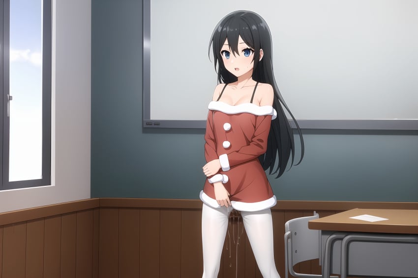 ai_generated black_hair blue_eyes classroom clothes female female hair_between_eyes horimiya long_hair medium_breasts pussy_juice pussy_juice_drip santa_costume sawada_honoka stable_diffusion tagme white_pantyhose