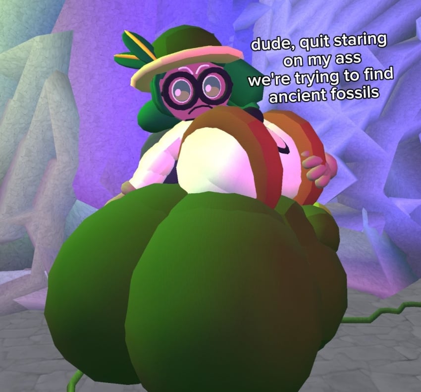 backpack big_ass big_breasts black_body black_mouth black_shoes breasts bubble_ass bubble_butt cave cookie cookie_run cookie_run_kingdom explorer female female_only green_eyes green_pants olive_cookie rec_room thick_ass thick_thighs weirdmaker43 yellow_shirt