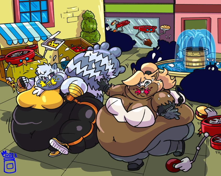 background_character background_characters bbw belly_bigger_than_head black_fingerless_gloves black_gloves black_yoga_pants brown_fur drone fat fat_arms fat_ass fat_belly fat_breasts fat_face fat_legs feeding_machine female food_stains force_feeding gray_fur gray_pants immobile jewel_the_beetle lanolin_the_sheep lemur massive_ass massive_belly mobian_(species) mobian_lemur mobian_wolf royaljellysandwich running running_away sega silhouetted_characters sonic_(series) sonic_the_hedgehog_(comics) sonic_the_hedgehog_(idw) sonic_the_hedgehog_(series) ssbbw stuffing stuffing_(food) tangle_the_lemur thick_legs whisper_the_wolf white_crop_top wolf yellow_shoes yellow_top