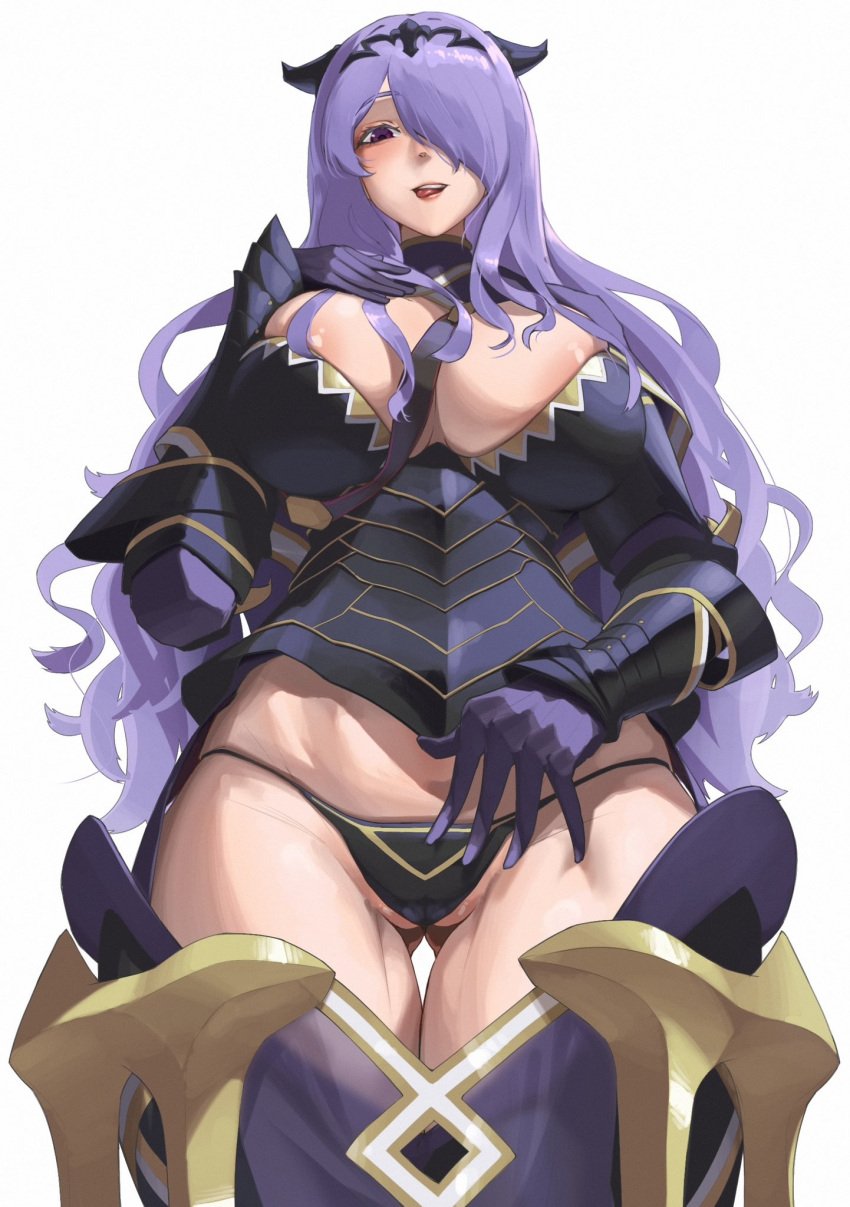 1girls areola_slip arm_up armor black_panties blush breasts camilla_(fire_emblem) cleavage female fire_emblem fire_emblem_fates from_below gloves gluteal_fold groin hair_ornament hair_over_one_eye highres huge_breasts large_breasts licking_lips long_hair looking_at_viewer looking_down monoi_daru naughty_face nintendo open_mouth panties partially_visible_vulva purple_eyes purple_hair shiny_skin simple_background smile solo thighhighs tiara tongue tongue_out underwear very_long_hair wavy_hair