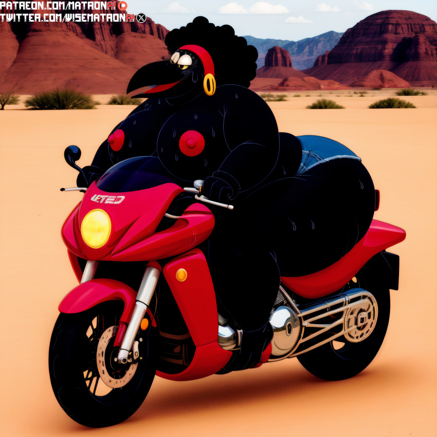 4k ai_generated anthro bbw big_bertha_(fritz) bike chubby chubby_anthro chubby_female crow female female_only fritz_the_cat highres large_breasts massive_breasts massive_thighs matronai_(artist) motorcycle obese obese_anthro obese_female overweight overweight_female patreon patreon_username pinup solo solo_female solo_focus ssbbw stable_diffusion sweat sweating twitter_username wide_hips