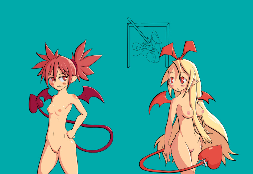 breasts completely_nude completely_nude_female disgaea disgaea_1 etna flonne flonne_(fallen_angel) laharl nippon_ichi_software peeping pussy small_breasts tonicorange