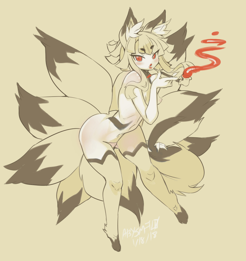 abysmalzero artist_signature breasts completely_nude completely_nude_female dated disgaea disgaea_5 fox_ears fox_girl fox_tail nine-tails_(disgaea) nippon_ichi_software small_breasts smoking