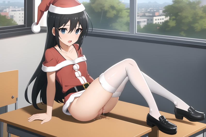 ai_generated black_hair blue_eyes classroom female female hair_between_eyes horimiya long_hair medium_breasts nude santa_costume sawada_honoka shoes stable_diffusion tagme white_stockings