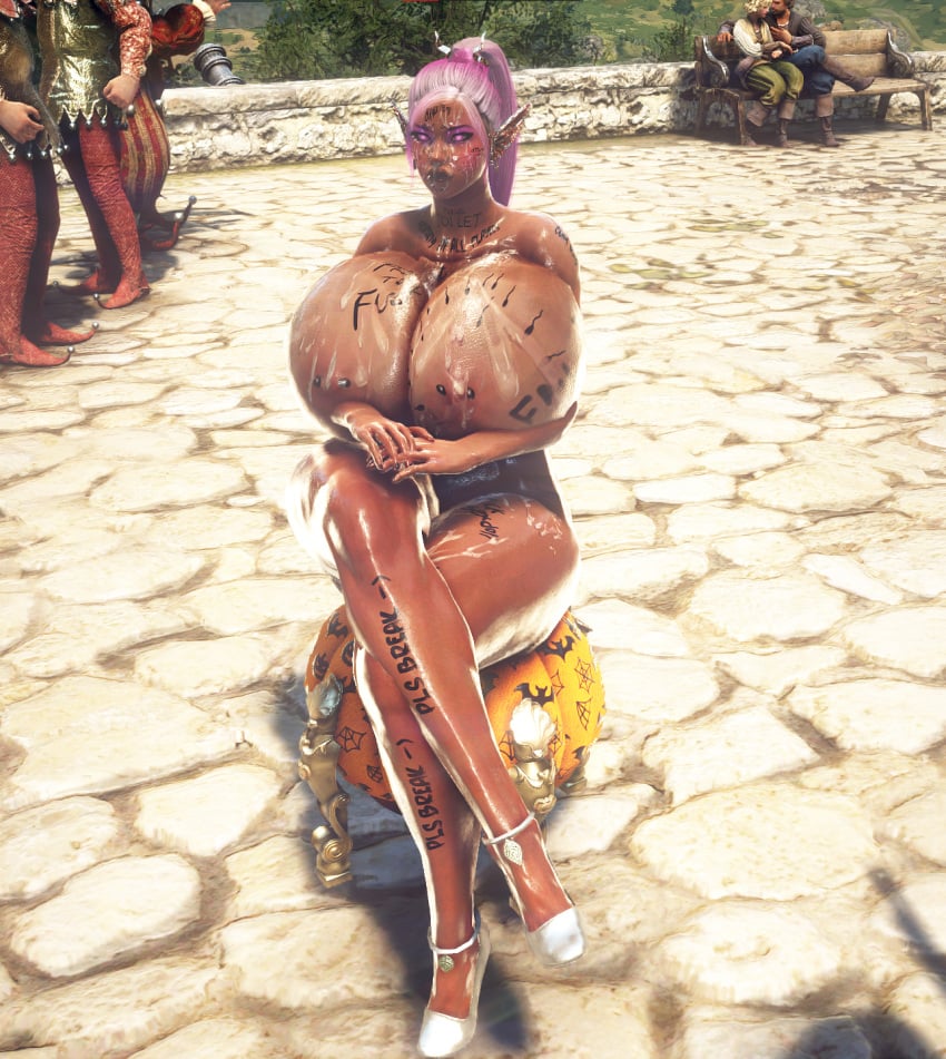 3d bdo bimbo black_desert_online body_writing cow_tits cumdumpster dark_elf degradation elf elves huge_breasts humiliation tattoo tattoos yourbdowhore