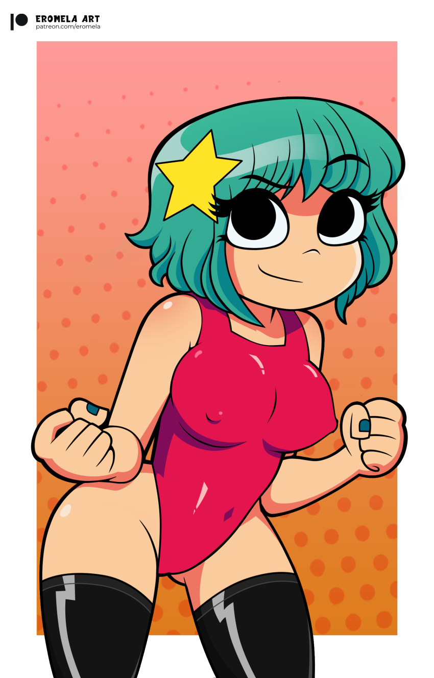 black_panties eromelaart fists green_hair leotard nails nipple_bulge one-piece_swimsuit painted_nails panties ramona_flowers red_leotard scott_pilgrim smiling swimsuit thighhighs thong