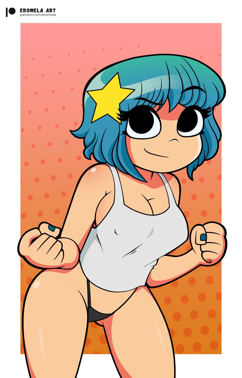 black_panties blue_hair eromelaart fists nails nipple_bulge painted_nails panties ramona_flowers scott_pilgrim smiling tank_top thong