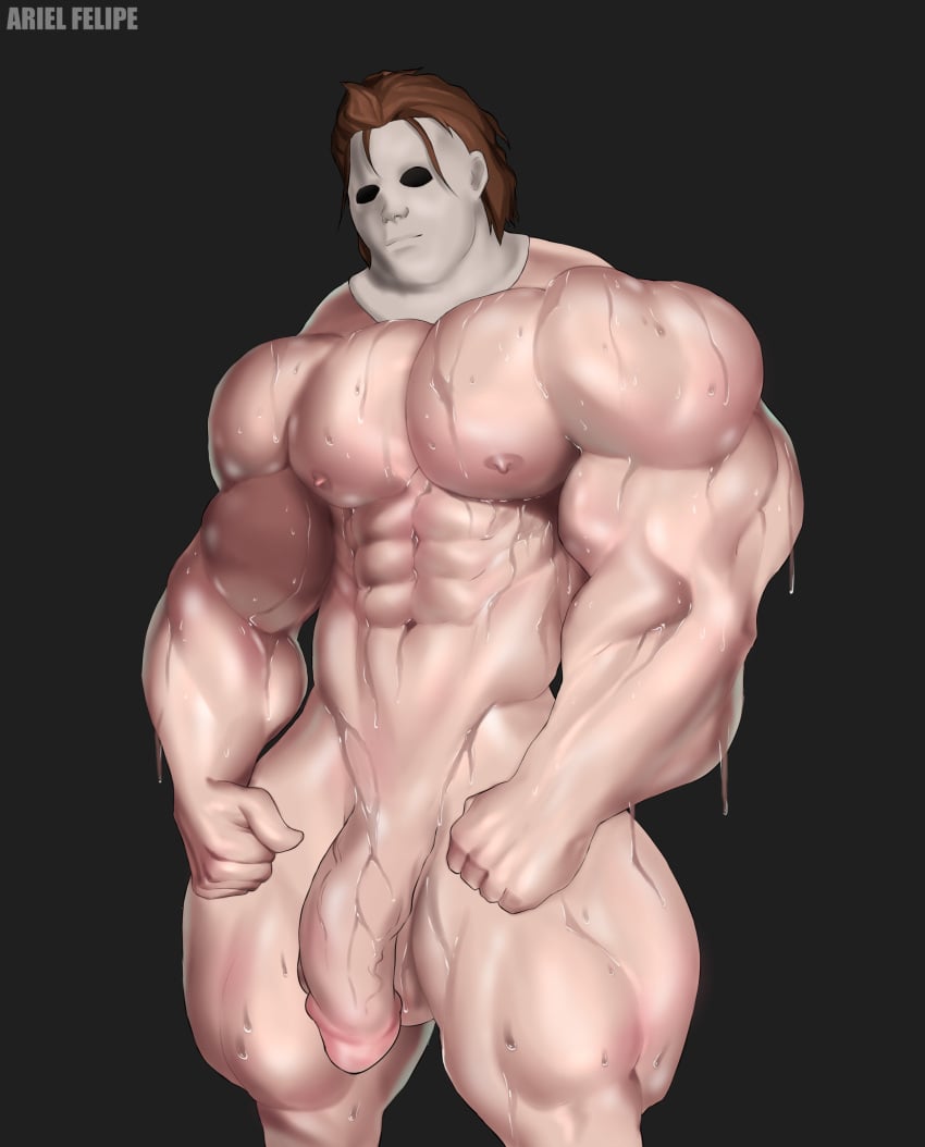 1boy 2022 ariel_felipe balls bara bara_tits barazoku big_balls big_penis completely_nude gay half-erect halloween halloween_(series) hi_res highres male male_focus male_nipples male_only manly michael_myers muscular_male nipples nude penis solo solo_male wet yaoi