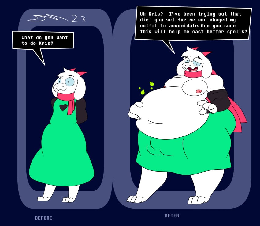 absurd_res anthro black_clothing black_gloves black_handwear black_sleeves boss_monster bovid caprine clothing darkner deltarune dirtymac eyewear glasses gloves goat green_clothing green_robe handwear hi_res male male_only mammal overweight pink_scarf ralsei robe scarf stuffing toga undertale_(series) weight_gain