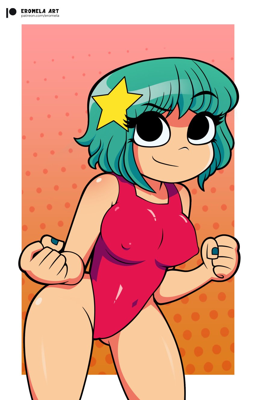 black_panties eromelaart fists green_hair leotard nails nipple_bulge one-piece_swimsuit painted_nails panties ramona_flowers red_leotard scott_pilgrim smiling swimsuit thong