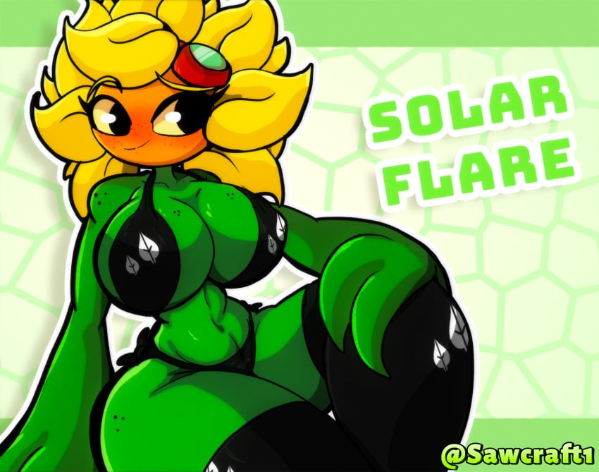 bikini bikini_bottom bikini_top black_bikini blush clothed curvy curvy_female curvy_figure female female_only goggles huge_ass huge_breasts huge_thighs plant_girl plantie plants_vs_zombies plants_vs_zombies:_heroes sawcraft1 seductive_look solar_flare_(pvz) sunflower_(pvz) thighhighs