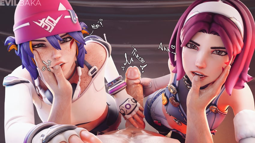 1boy 2girls 3d antifragile_dazzle antifragile_kira-kira black_choker blizzard_entertainment choker clothed_female clothed_female_nude_male d.va evilbaka finger_on_lip hana_song headphones headphones_around_neck holding_penis kiriko_(overwatch) kiriko_kamori large_penis le_sserafim looking_at_viewer nude_male overwatch overwatch_2 pov pov_eye_contact tagme