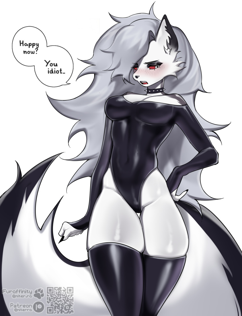 angry belly blush embarrassed female fur furry grey_fur helluva_boss hip_dips hips loona_(helluva_boss) niterra open_mouth red_eyes speech_bubble stockings tail thick thick_ass thick_thighs thighs tsundere tummy wolf