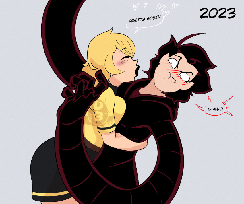 black_hair black_lipstick blonde_hair cartoon_arms cayleb_(diceyboi) diceyboi dominant_female female femboy femboy_on_female lipstick male obi_(diceyboi)