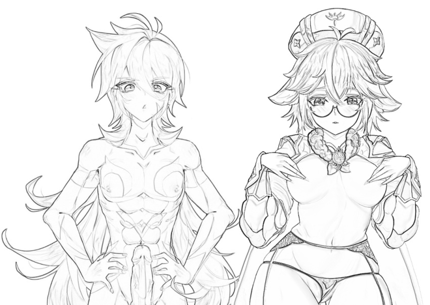 1boy 1girls alchemist breasts drawing erect_penis female garter_straps genshin_impact glasses horny_teyvat_guild lingerie long_hair male mondstadt nerd panties penis razor_(genshin_impact) sucrose_(genshin_impact) teyvat thong wolf_boy