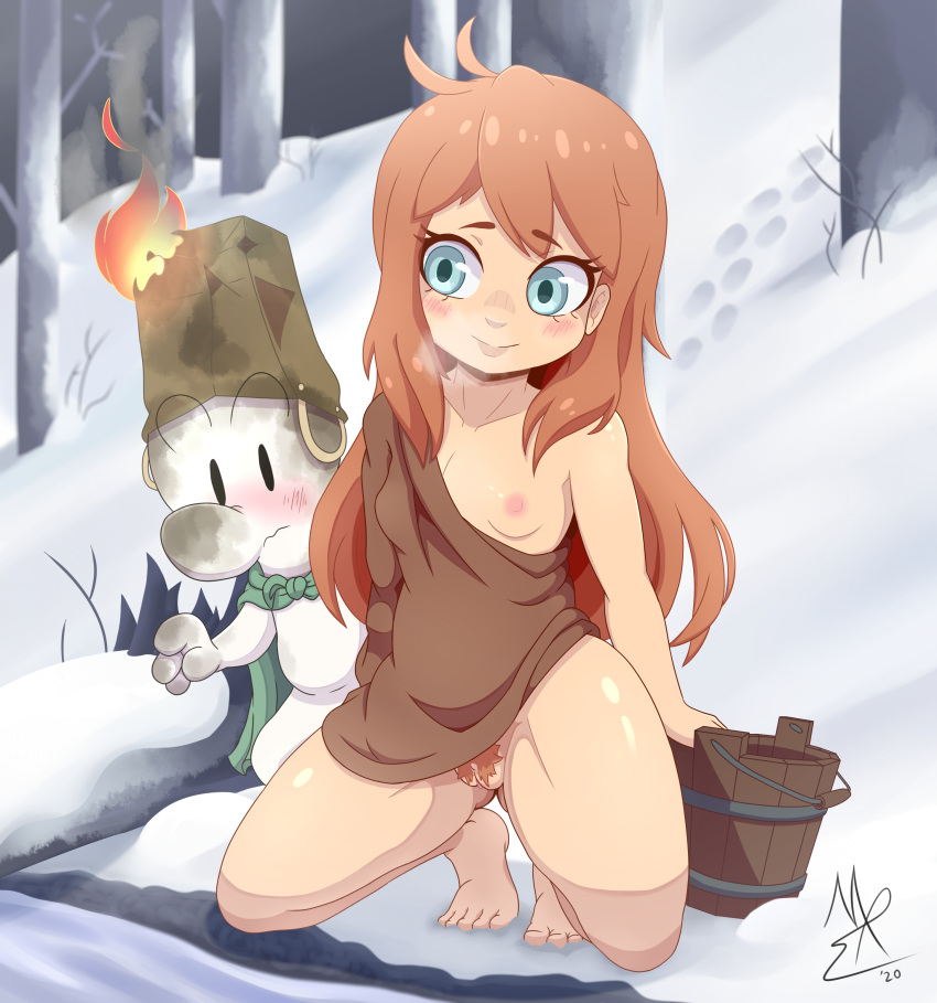 1boy 1girls auburn_hair bare_legs blue_eyes blush bone_(series) breasts bucket feet female fire fone_bone hairy_pussy mirrorreach nipple outside pubic_hair pussy red_hair signature small_breasts snow thick_thighs thighs thorn_harvestar winter