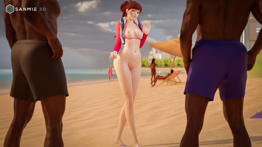 1girls 2boys 3d anal_sex beach bikini cum_in_pussy d.va dark-skinned_male dark_skin double_penetration exposed_breasts interracial no_panties overwatch overwatch_2 public public_sex sanmie3d tagme teasing