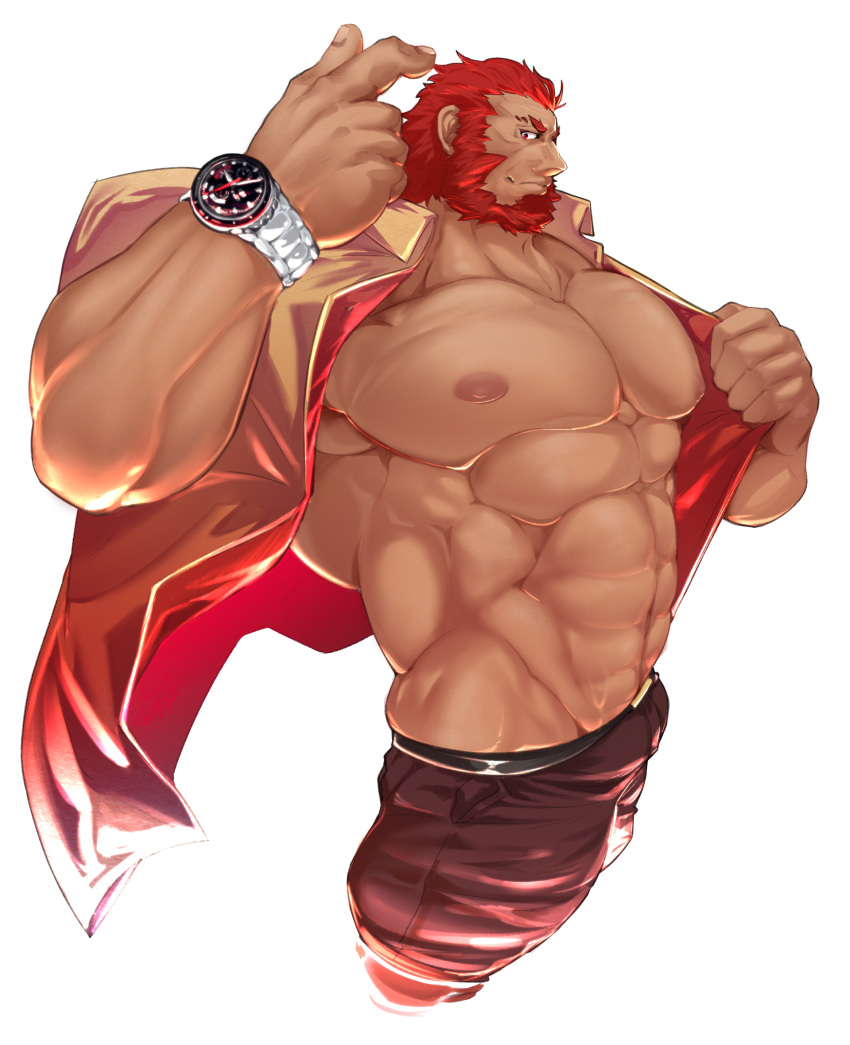 1boy 2023 bara bara_tits barazoku beard bulge clothing facial_hair fate/zero fate_(series) flaccid gay hairy hairy_male hi_res highres iskandar_(fate) kalonezhno looking_at_viewer male male_focus male_nipples male_only manly muscular_male nipples solo solo_male yaoi