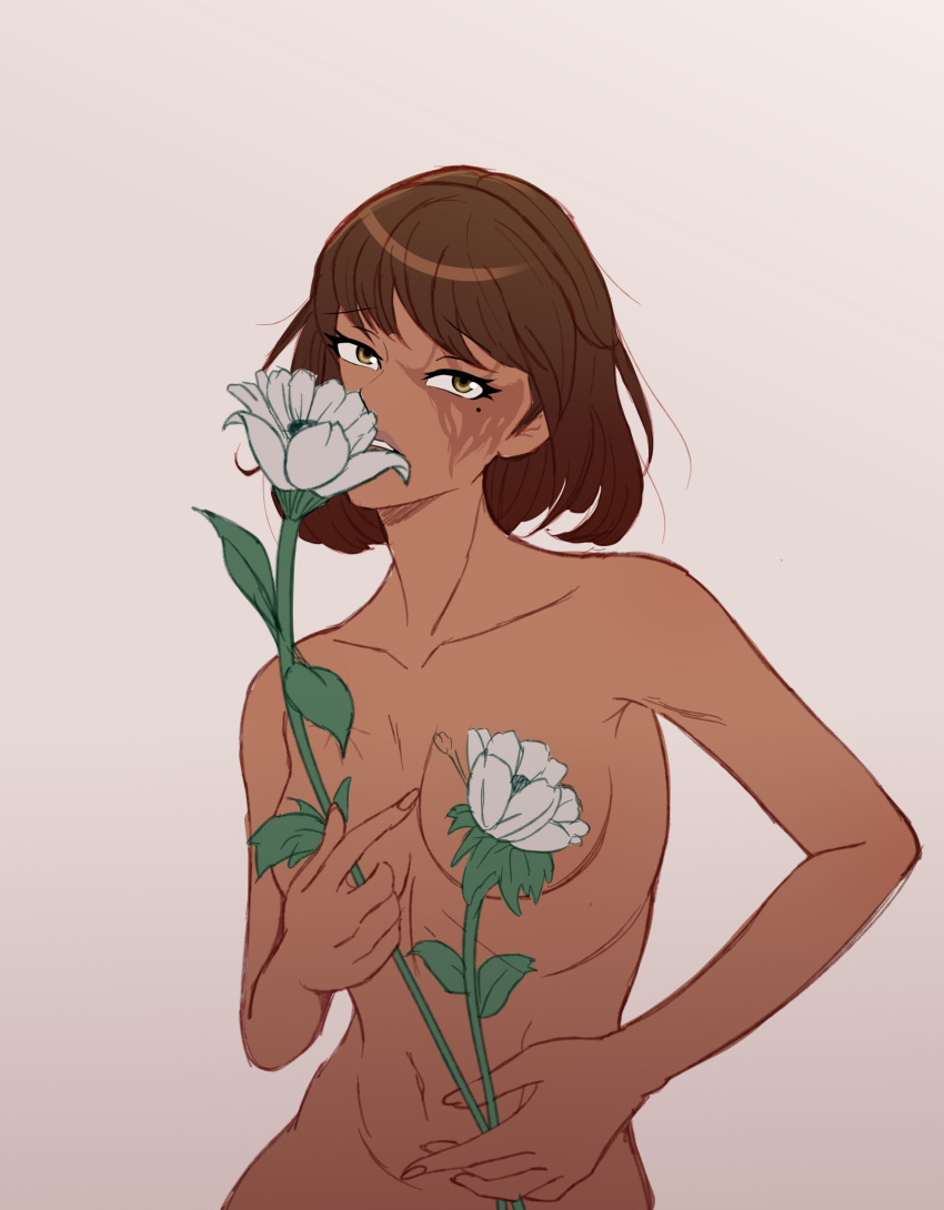 1girls amber_(rwby) beauty_mark beauty_mark_under_eye completely_nude flower leux_21 looking_at_viewer nude nude_female rwby scar scar_over_eye shiny_hair shiny_skin short_hair simple_background solo solo_female tagme