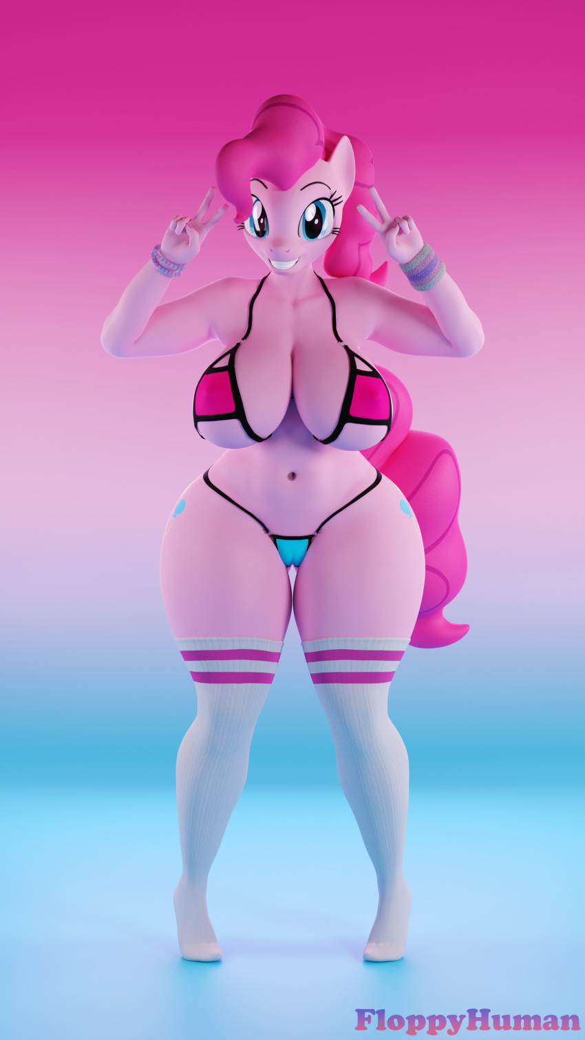 1girls 3d 3d_(artwork) alternate_version_available anthro anthrofied belly_button big_breasts big_hips big_thighs bikini blue_eyes bracelet busty cameltoe cutie_mark earth_pony equine female_only floppyhuman friendship_is_magic front_view hand_gesture long_hair long_socks looking_at_viewer mammal midriff my_little_pony no_shoes peace_sign pink_body pink_hair pinkie_pie_(mlp) plantigrade_anthro pony shoeless simple_background smile socks solo solo_female standing swimsuit tippy_toes toothy_grin v_sign wristband