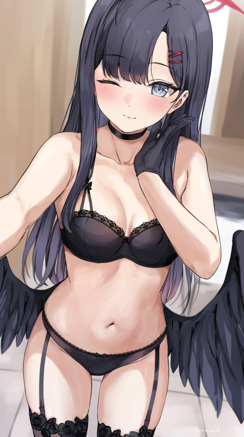 1girls bare_shoulders black_bra black_choker black_gloves black_hair black_panties black_thighhighs blue_archive blue_eyes bra breasts choker cleavage closed_mouth collarbone feathered_wings garter_straps gloves hair_ornament halo ichika_(blue_archive) justice_task_force_(blue_archive) kaetzchen large_breasts long_hair low_wings navel one_eye_closed panties smile thighhighs thighs trinity_general_school_student