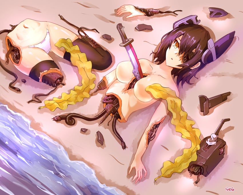 1girls android beach bisected black_hair black_legwear black_stockings breasts broken_hand cable cables censored censored_nipples empty_eyes eye_socket golden_eyes guro impaled impaled_chest kantai_collection kelp lower_body mecha_ears mecha_musume mechabare medium_breasts metal_ribs missing_arm missing_eye missing_leg no_nipples rib_bones rib_cage ripped_chest_area ripped_skin robot robot_girl robot_humanoid robot_joints robotic_arm robotic_legs robotic_reveal short_hair soulless_eyes sword tenryuu_(kantai_collection) thighhighs thighs upper_body white_panties wreckage