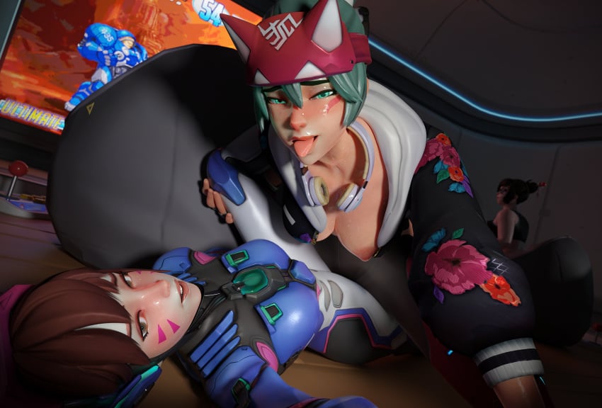 2girls 3d athleisure_kiriko blizzard_entertainment brown_hair d.va green_hair kiriko_(overwatch) m71z30 markings overwatch overwatch_2 pale-skinned_female pale_skin