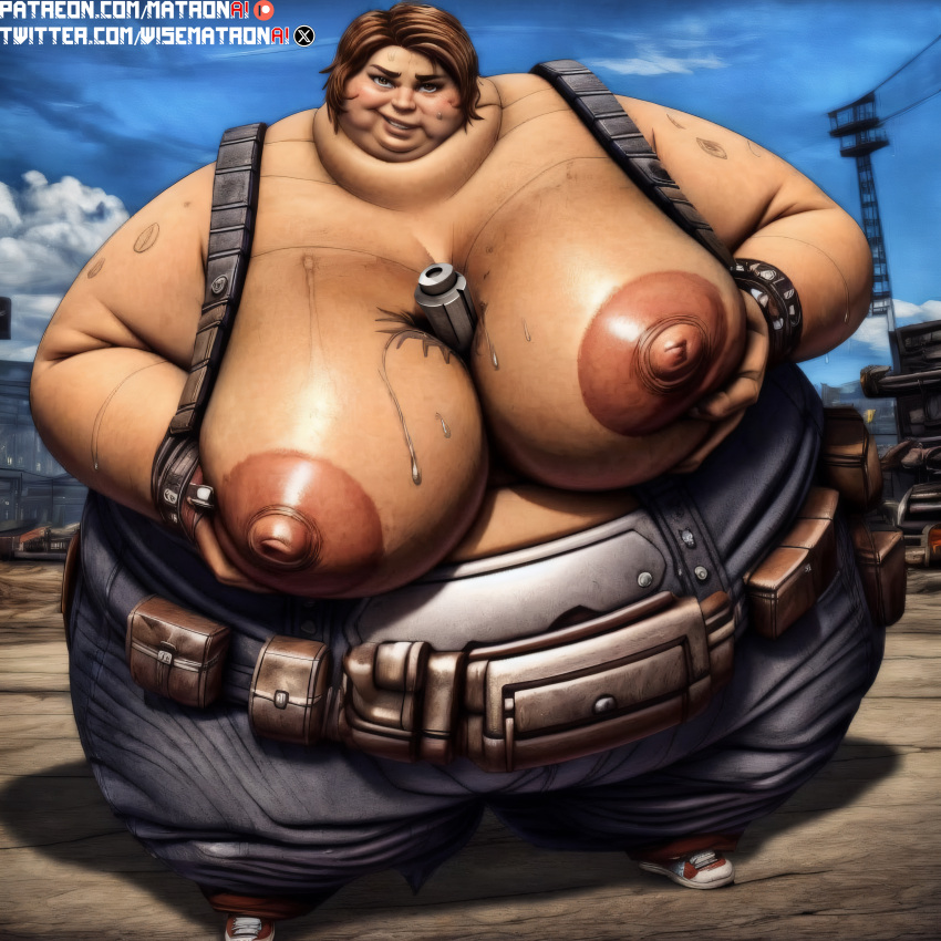 4k ai_generated bbw between_breasts borderlands borderlands_2 breasts breasts ellie_(borderlands) fat female female_only gearbox_software highres huge_breasts junkyard large_breasts looking_at_viewer massive_breasts massive_thighs matronai_(artist) obese obese_female overalls overweight overweight_female patreon patreon_username pinup ssbbw stable_diffusion twitter_username video_games wide_hips