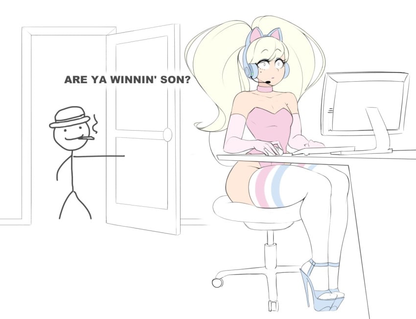 2boys are_ya_winning_son are_ya_winning_son? arm_sleeves blonde_hair butt cat_ear_headphones cat_ears caught_in_the_act choker clothing computer correct_gaming_posture_(meme) crossdressing curvy curvy_body curvy_femboy curvy_figure curvy_hips curvy_male desktop electronics father_and_son femboy femboy_gamer_(sealguy) gamer gamer_boy gaming headset high_heels human humor leotard light-skinned_femboy light-skinned_male light_skin male meme mole mole_under_eye pink_choker pink_leotard sealguy socks stick_figure stickman stiletto_heels thigh_high_socks thighhigh_socks thighhighs very_high_heels